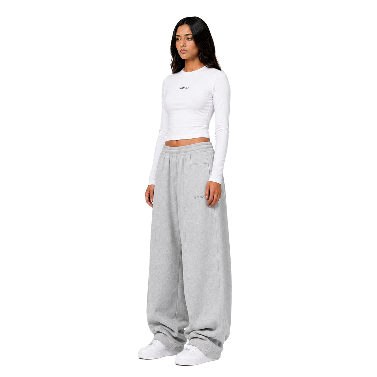 Cropped Longsleeve Sweatpant Set - White/Grey Melange