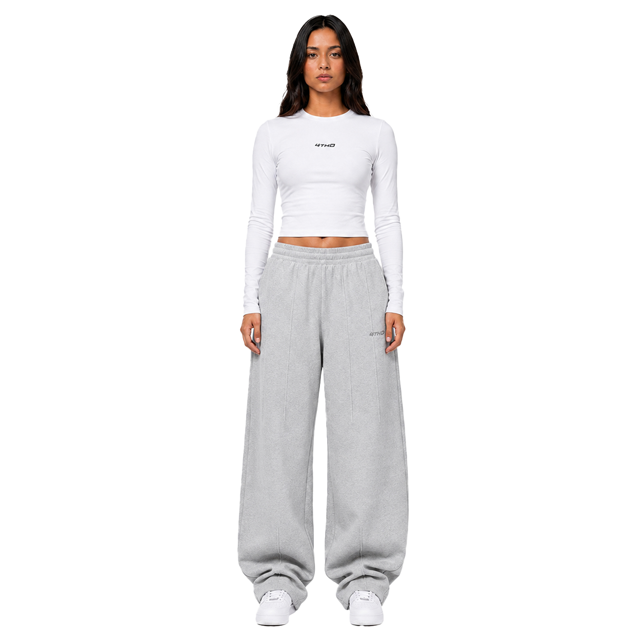 Cropped Longsleeve Sweatpant Set - White/Grey Melange