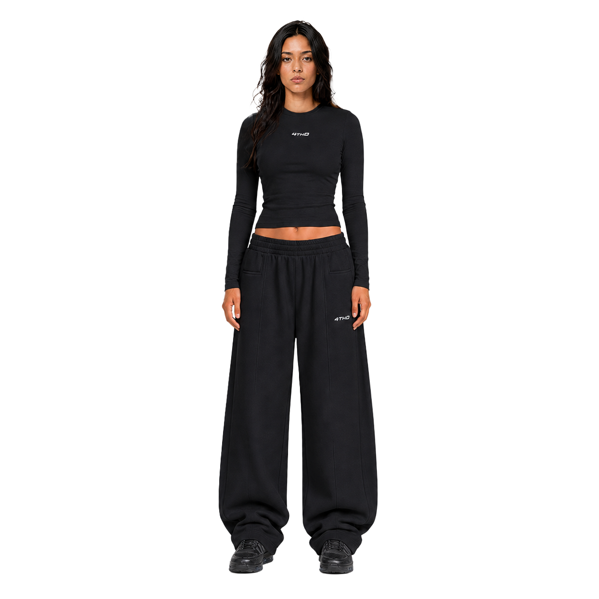 Cropped Longsleeve Sweatpant Set - Black