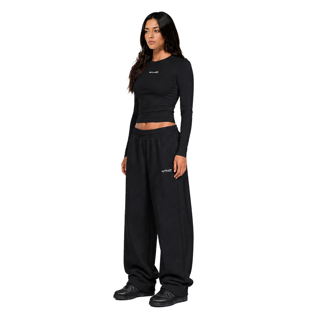 Cropped Longsleeve Sweatpant Set - Black
