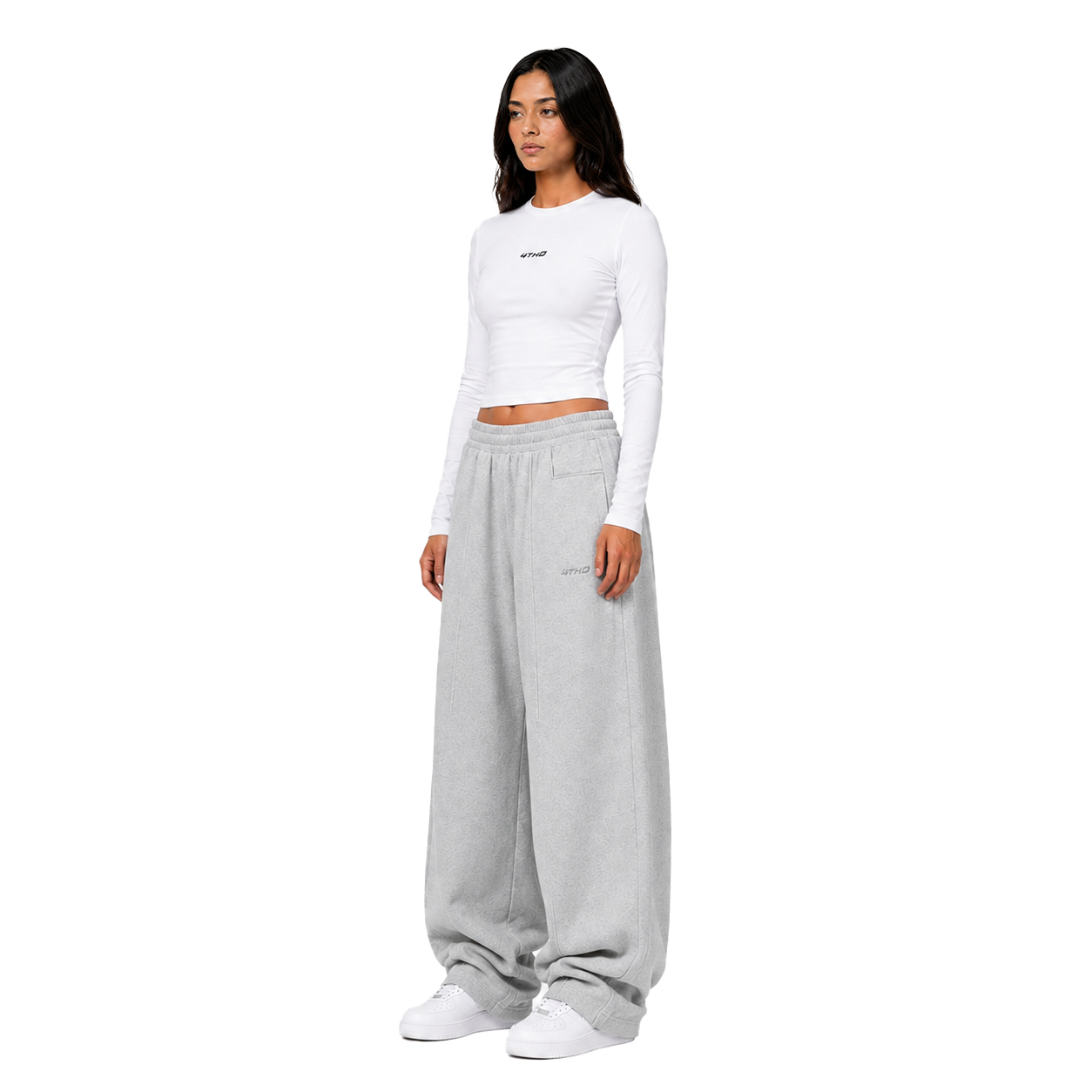 Cropped Longsleeve Sweatpant Set - White/Grey Melange