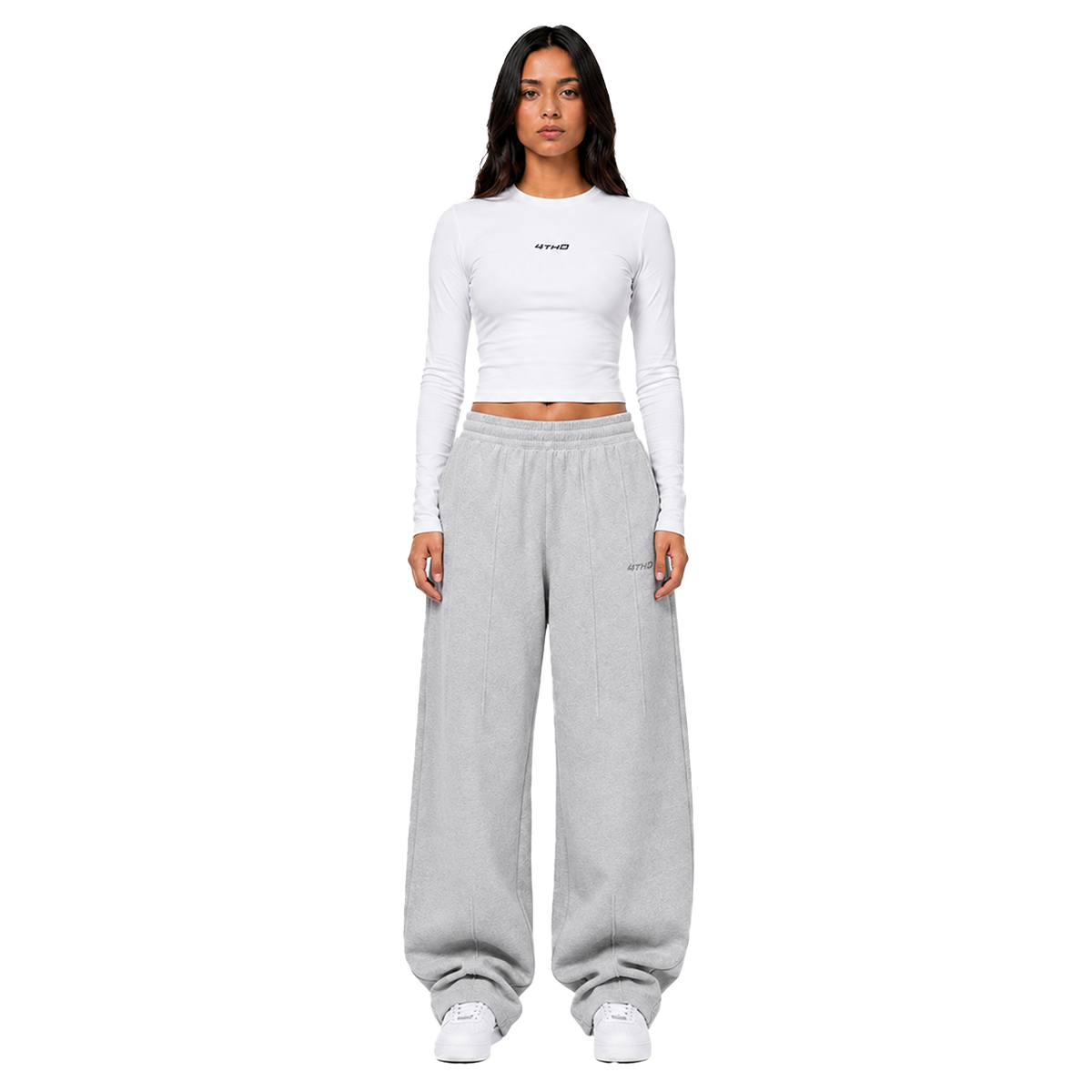 Cropped Longsleeve Sweatpant Set - White/Grey Melange