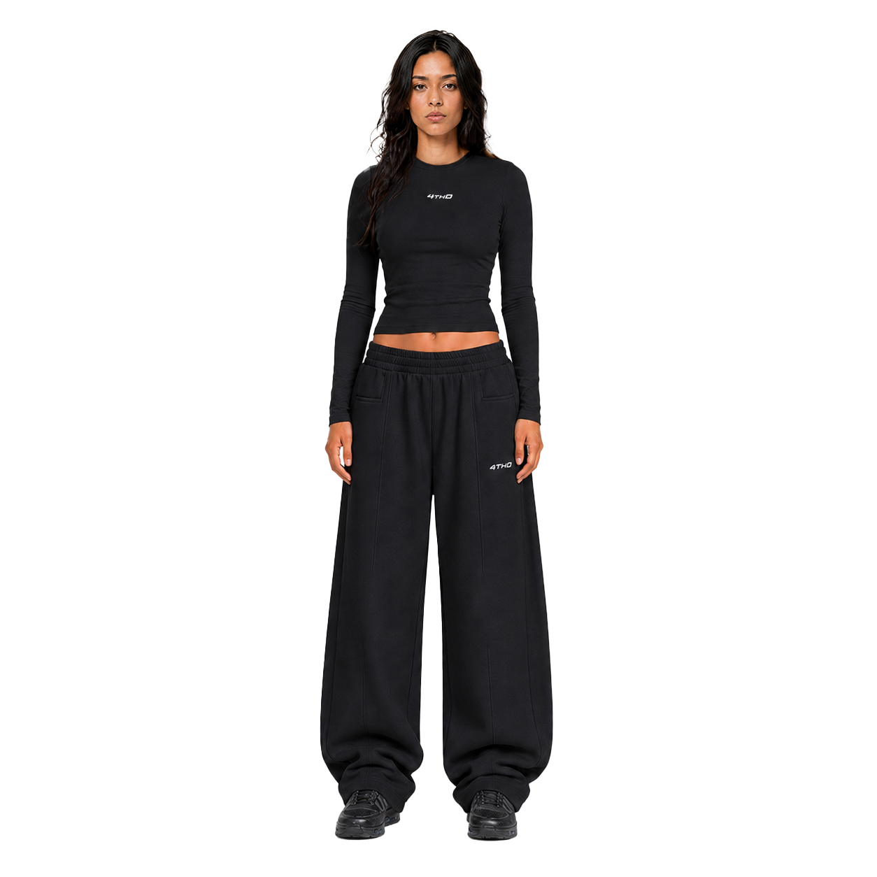 Cropped Longsleeve Sweatpant Set - Black